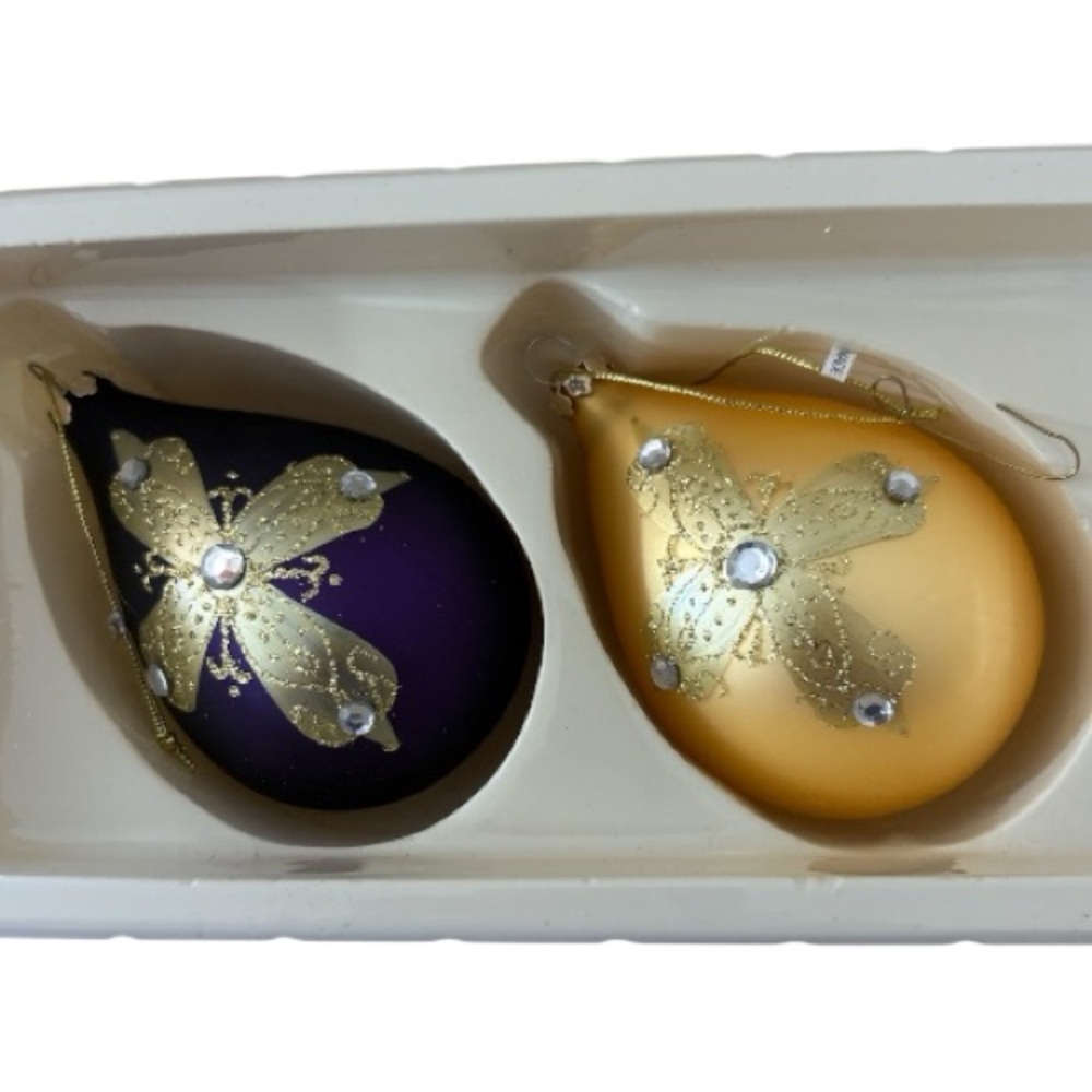 Vintage Dillards Trimmings Set Of Two Glass Teardrop Jeweled Glitter Design